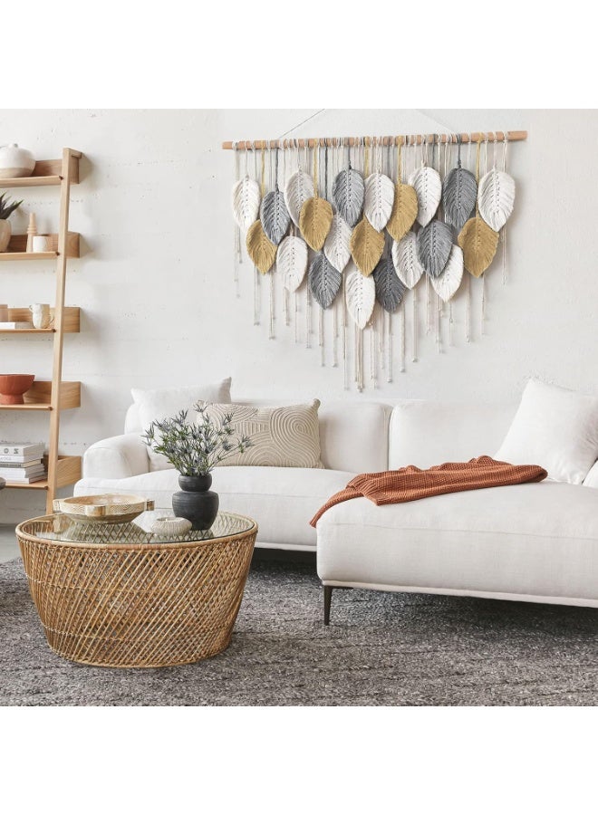 Macrame Boho Tapestry Wall Decor - Leaf Feather Design, Chic Woven Art for Bedroom & Living Room, Beige, Grey, Yellow, 100 - Image 4